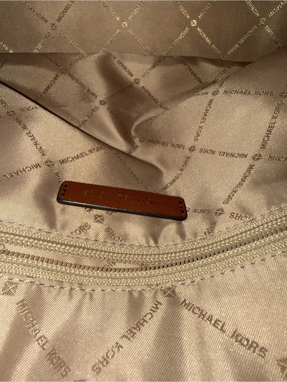 Michael Kors Cream and Brown MK Signature Dome Satchel with Removable Strap